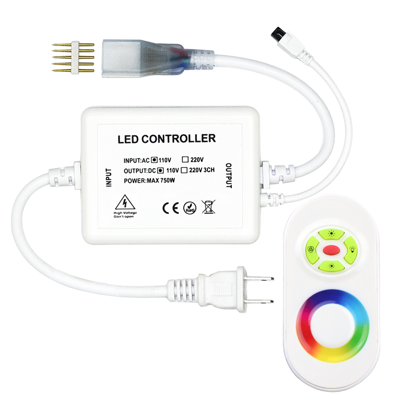 AC110-220V 750W, RF 5Keys high voltage RGB light with controller, For Outdoor building garden lighting, Connect 110V 220V High Voltage RGB LED Strip Light